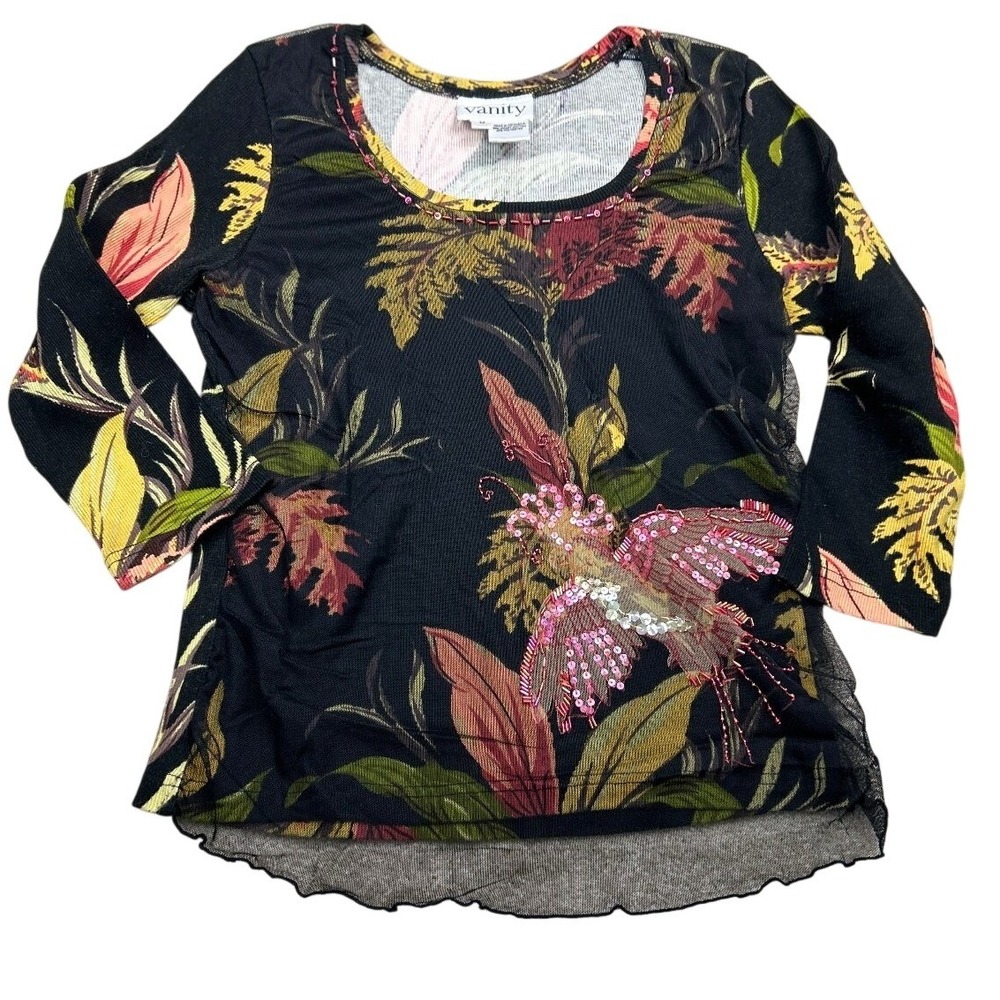 Vanity Floral Top M Black Beaded Sequin Mesh Whimsigoth Fairy Grunge Y2K